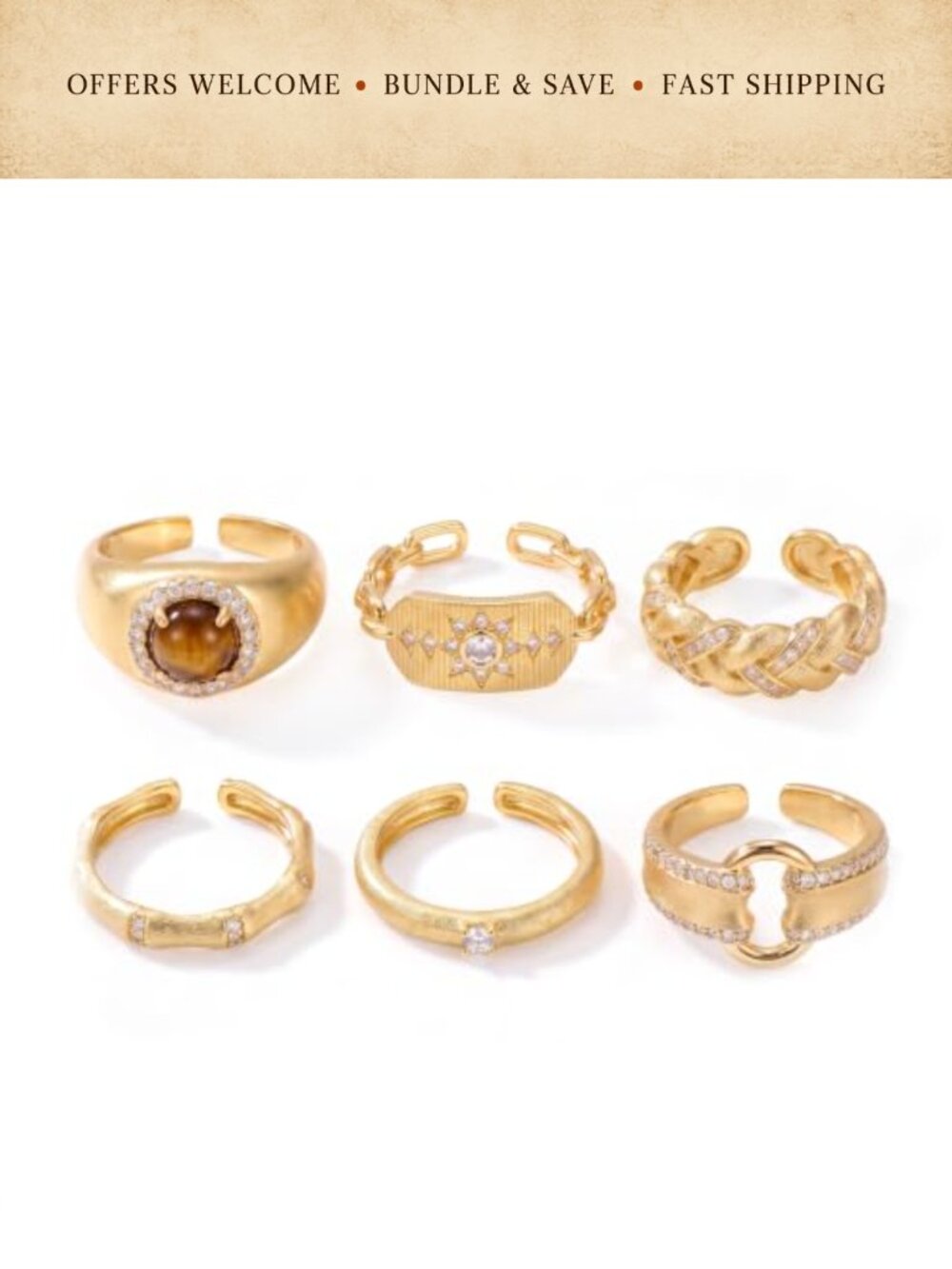 6-Piece Adjustable Chunky Gold-Tone Stacking Ring Set CZ Brushed Matte Finish